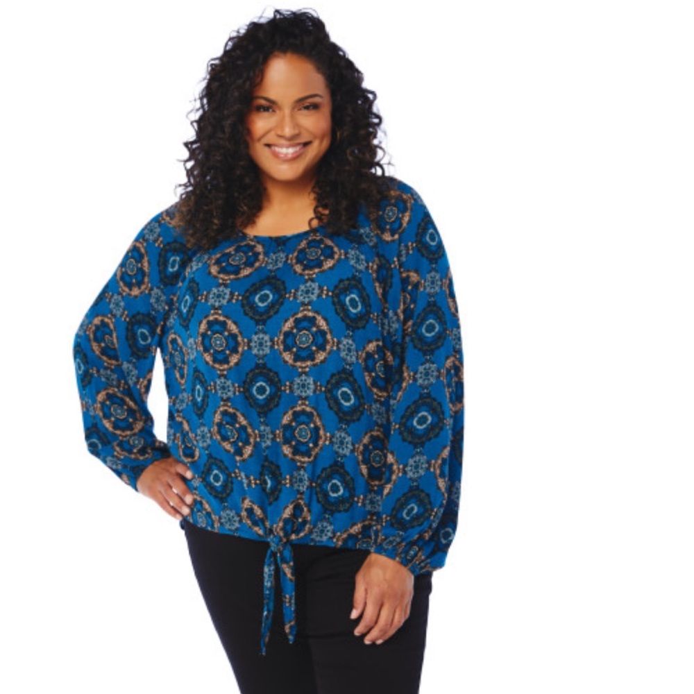 Bobeau Medallion Print Blouse, Front Tie, Size 2X